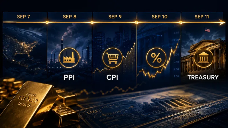 Gold weekly forecast calendar showing Treasury auctions, PPI, and CPI from September 7 to 11