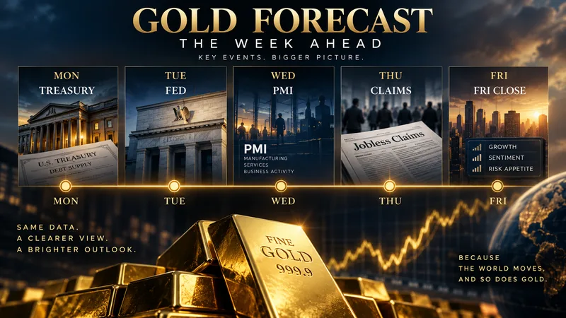Gold forecast calendar of Fed, PMI, claims, and Treasury catalysts