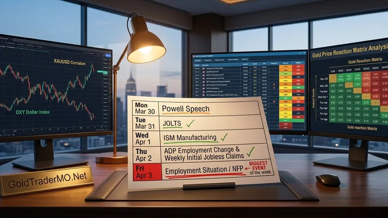 Gold market economic calendar for March 30-April 3 2026 featuring Powell, JOLTS, ISM, ADP, jobless claims, and Friday payrolls