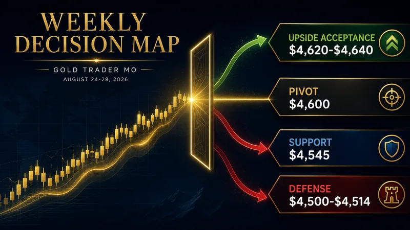Gold weekly forecast technical map showing the 4620 to 4640 acceptance band and downside support zones