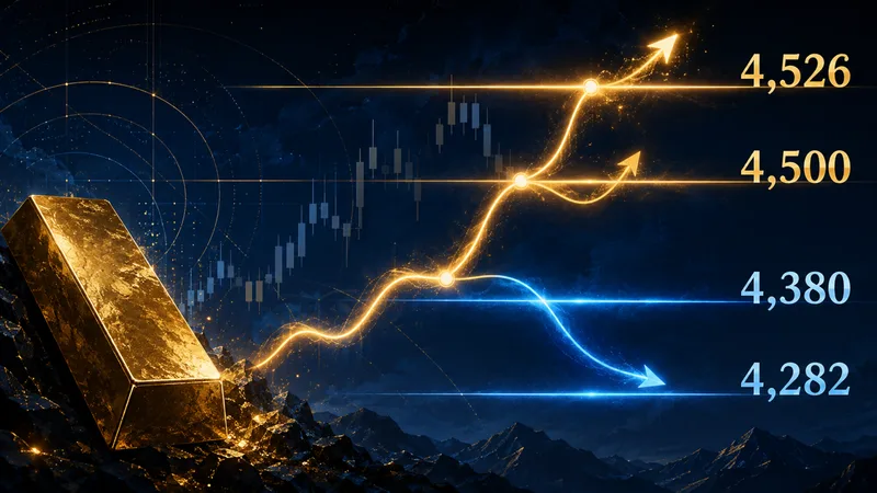Gold weekly forecast technical map showing 4,380, 4,282, 4,500, and 4,526