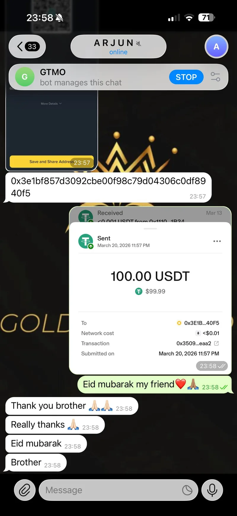 Mo sending $100 USDT Eid giveaway to community member Arjun