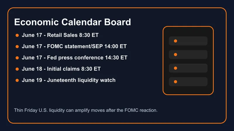 Economic calendar board for weekly gold forecast June 15-19 2026
