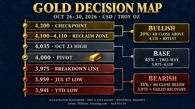 Gold decision map for October 26–30, 2026: $4,110 reclaim zone, $4,000 pivot and $3,975 breakdown line