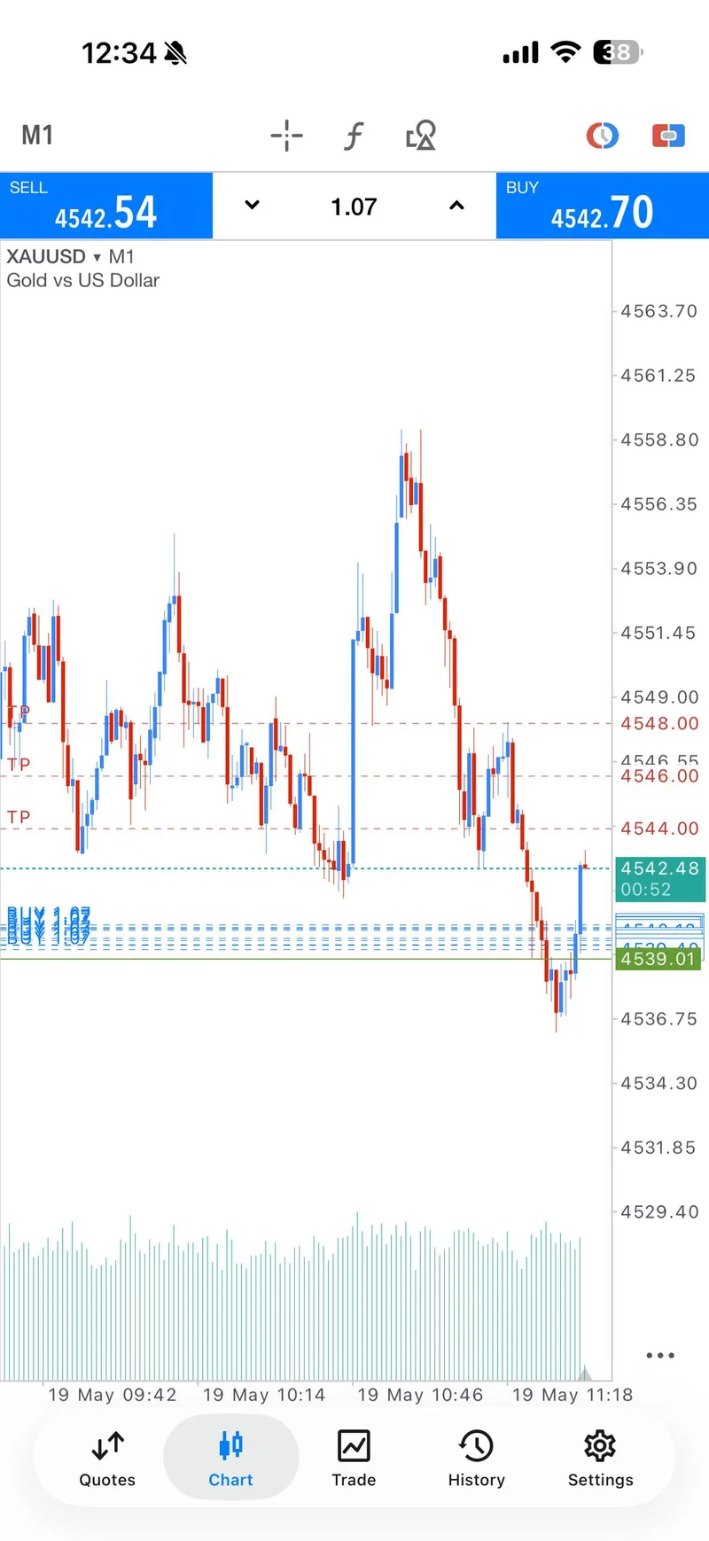 BUY re-entry TP1 proof from May 19 XAUUSD session.