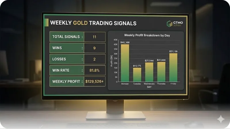 GTMO weekly signal statistics for March 30 to April 3, 2026 showing 7 signals, 6 wins, 1 loss, and $74,600.50 profit