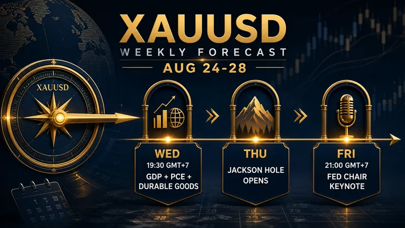 Gold weekly forecast calendar showing Wednesday macro data and Friday Jackson Hole Fed keynote