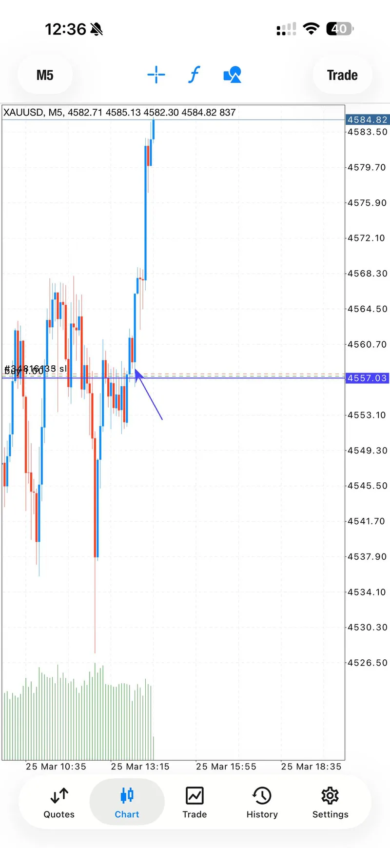 Final M5 chart at 4584 showing 270+ pips gained on March 25 gold trade