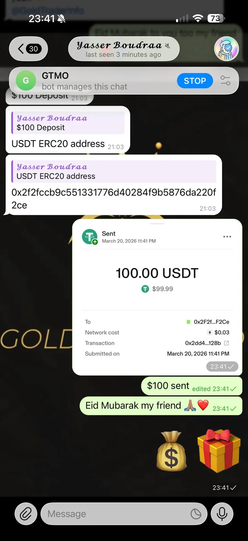 Mo sending $100 USDT Eid giveaway to community member Yasser Boudraa