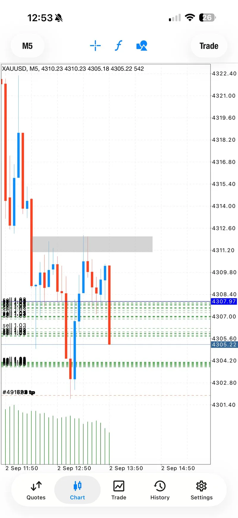 Individual trading account screenshot showing drawdown during the early gold sell sequence