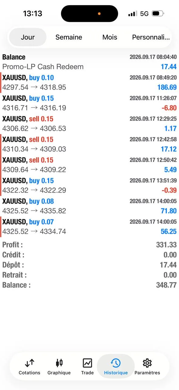 Member history screenshot showing a 331.33 profit line and small losses.